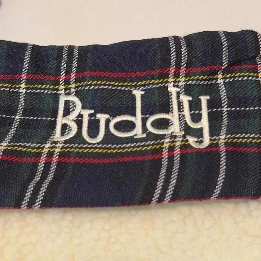 Buddy Personalized Dog Paw Christmas Stocking Sherpa‎ Plaid Navy Ivory 15in
